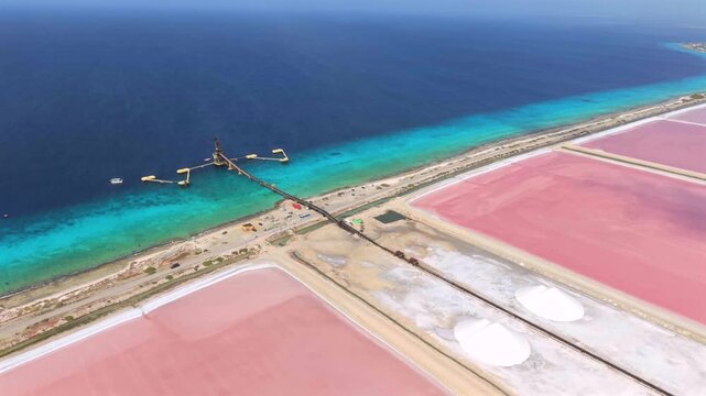 Aerial view of pink salt ponds and white salt mounds in Bonaire