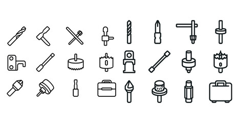 Outline icons of drill bits and accessories collection for various tools