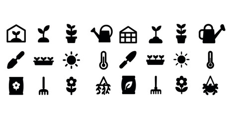Set of black gardening icons: tools, plants, and greenhouse elements
