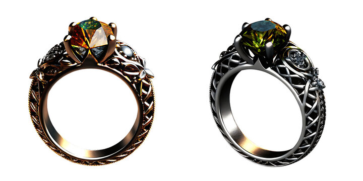 Two ornate rings with large, multi-colored gemstones and intricate metal bands jewelry isolated on a transparent background