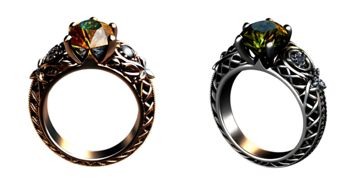 Two ornate rings with large, multi-colored gemstones and intricate metal bands jewelry isolated on a transparent background