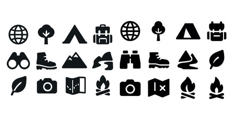 Outdoor adventure icons collection: hiking, camping, nature exploration symbols