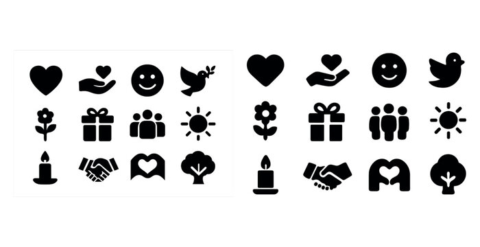 Collection of black and white symbolic icons including heart flower and sun designs
