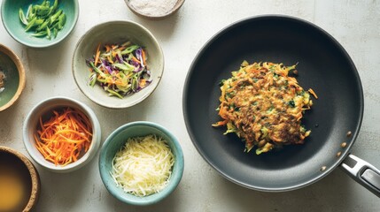 Homemade vegetable pancakes in skillet with fresh ingredients for healthy cooking,National Fritters Day