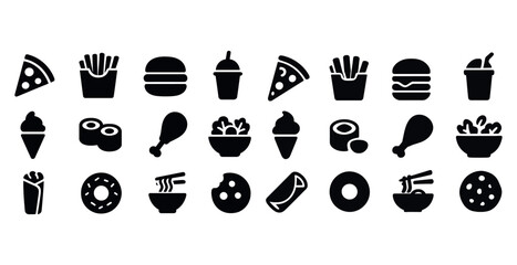 Naklejka premium Assorted fast food icons: pizza, burgers, fries, ice cream, sushi, ramen