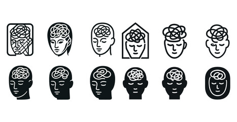 Abstract human faces with chaotic brain lines depicting mental health concepts