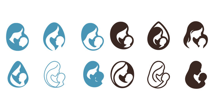 Set of mother and child silhouette icons in blue and brown