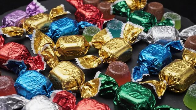 Assorted colorful wrapped unwrapped candies mix on dark surface