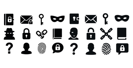 Security icons: locks, keys, masks, and profiles in black and white design