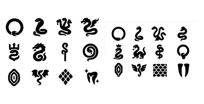 Mythical serpent icons: snakes, dragons, wings, and patterns