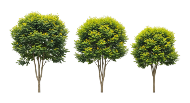 Three lush trees with vibrant green leaves and small yellow flowers for landscapes