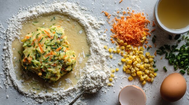 Fresh ingredients for homemade vegetable fritters with shredded carrot, National Fritters Day