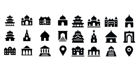 Fototapeta premium Diverse icon set featuring global landmarks and cultural symbols in silhouette style