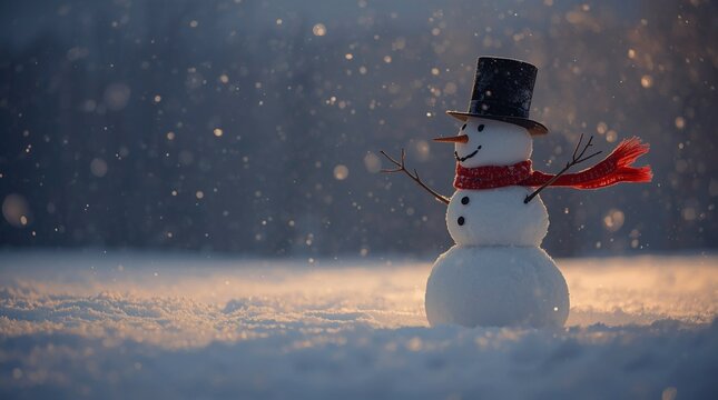 Cute snowman with red scarf and black top hat standing in snowy winter landscape at sunset, falling snowflakes glowing in warm light, cheerful holiday scene and festive seasonal atmosphere