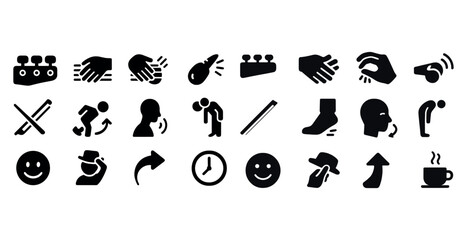 Collection of black icons representing hand gestures, emotions, and everyday actions