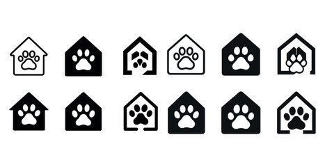 Set of pet house icons with paws in various styles and designs