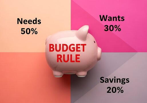 A pink piggy bank sits centered on a colorful segmented chart illustrating a budget rule dividing finances into needs wants and savings