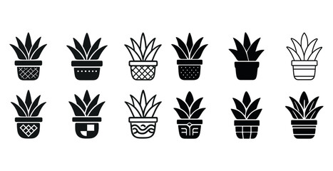 Set of decorative black and white potted plant icons