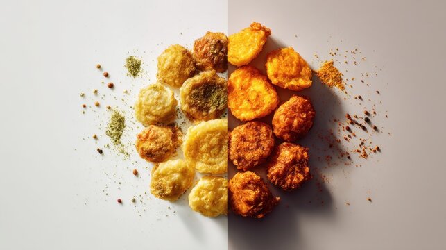 Dual flavored crispy snacks with assorted spices and powdered seasonings for culinary inspiration