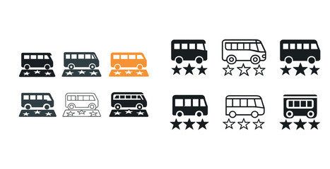 Vector icons of buses with star ratings in various styles and colors