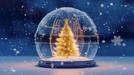 Glowing christmas tree within a cyber snow globe with falling snowflakes, a festive digital holiday season concept. - Powered by Adobe