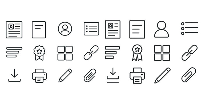 Document and office icons set with download, print, edit, and profile symbols