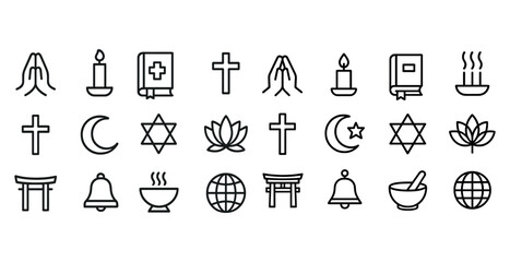 Line art icons of diverse religious symbols including cross and star