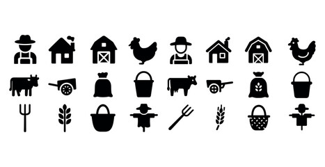 Obraz premium Farm icons set: farmer, barn, animals, tools, harvest