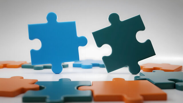 Teamwork solution: Two puzzle pieces (blue and orange) joining together, isolated on white.