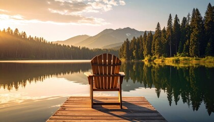 Wooden chair on a dock at sunrise over a tranquil mountain lake and forest
