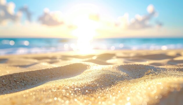Close-up of sparkling sand on a tranquil beach with a bright, blurry sunrise