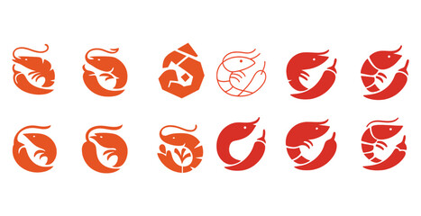 Collection of red abstract shrimp logos and icons in various designs