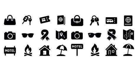 Fototapeta premium Travel icons: passport, keys, camera, map, motel, campfire, beach umbrella