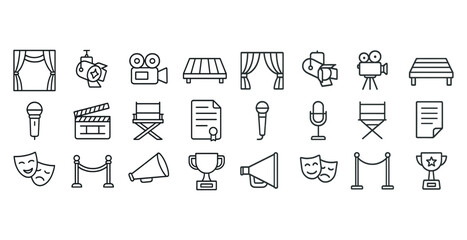 Fototapeta premium Theater and film icons set with curtains, cameras, awards, and microphones