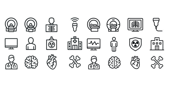 Medical imaging icons set: mri, x-ray, ultrasound, hospital, doctor symbols