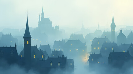 Gothic town with tall spires and glowing windows in evening mist
