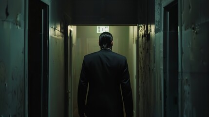 A man in a sharp black suit walking down a long, narrow, dark, and dilapidated corridor, strong green light and mist emanating from the end of the hall, suspenseful atmosphere