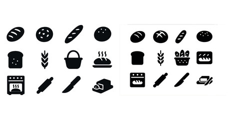 Bread and baking icons: loaf, baguette, wheat, oven, knife, rolling pin, basket