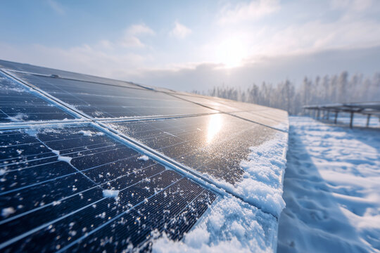 Winter rooftop solar panels lightly covered with snow, showing reduced efficiency and real-life cold-season conditions for residential renewable energy. - Powered by Adobe