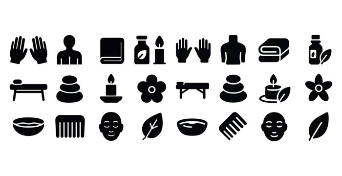 Spa and wellness icons: hands, candles, books, bottles, flowers, stones, leaves, masks - Powered by Adobe