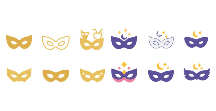 Colorful carnival masks collection in yellow and purple themes