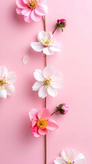 A delicate branch of pink and white spring blossoms on a soft pink background