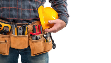 Close-up of a worker's waist with a tool belt, hard hat, and various hand tools