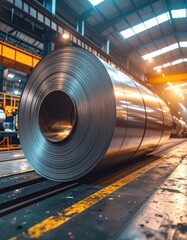 Fototapeta premium A large coil of rolled steel on a production line in a modern factory warehouse