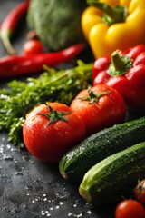 Colorful assortment of fresh vegetables is displayed on a dark wooden surface, emphasizing their textures