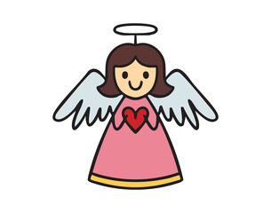 Fototapeta premium Cute angel girl holding heart with wings spread clipart, Christmas ornament toy, single element, hand drawn.