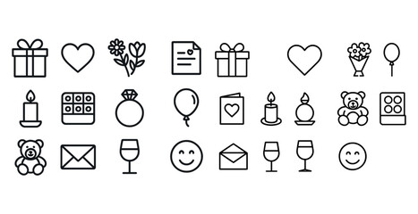 Valentine's day icons: hearts, gifts, flowers, balloons, smiley faces, teddy bears