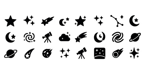 Set of astronomy and space icons including stars, planets, and telescopes