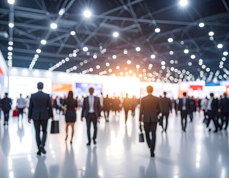 Blurred crowd of professionals walking in a brightly lit modern convention hall