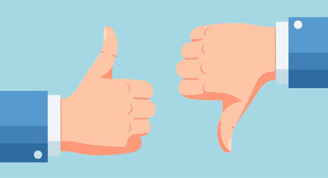 A vector illustration depicting contrasting feedback with thumbs up for approval and thumbs down for disapproval